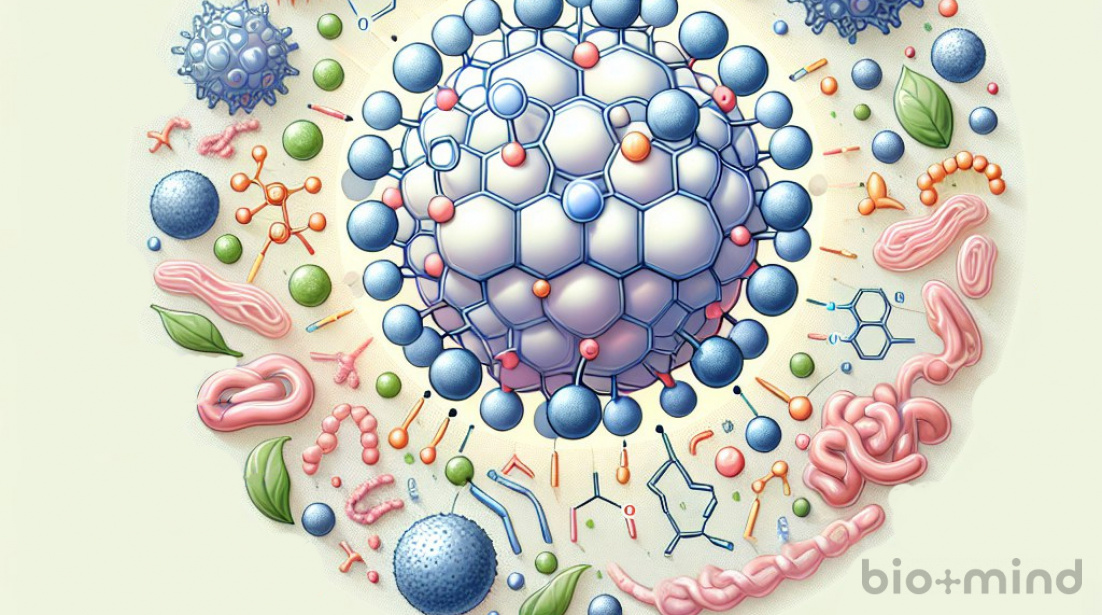 Иллюстрация молекулы глутатиона, окруженной различными клеточными структурами, вирусами и бактериями. Надпись внизу изображения: Глутатион